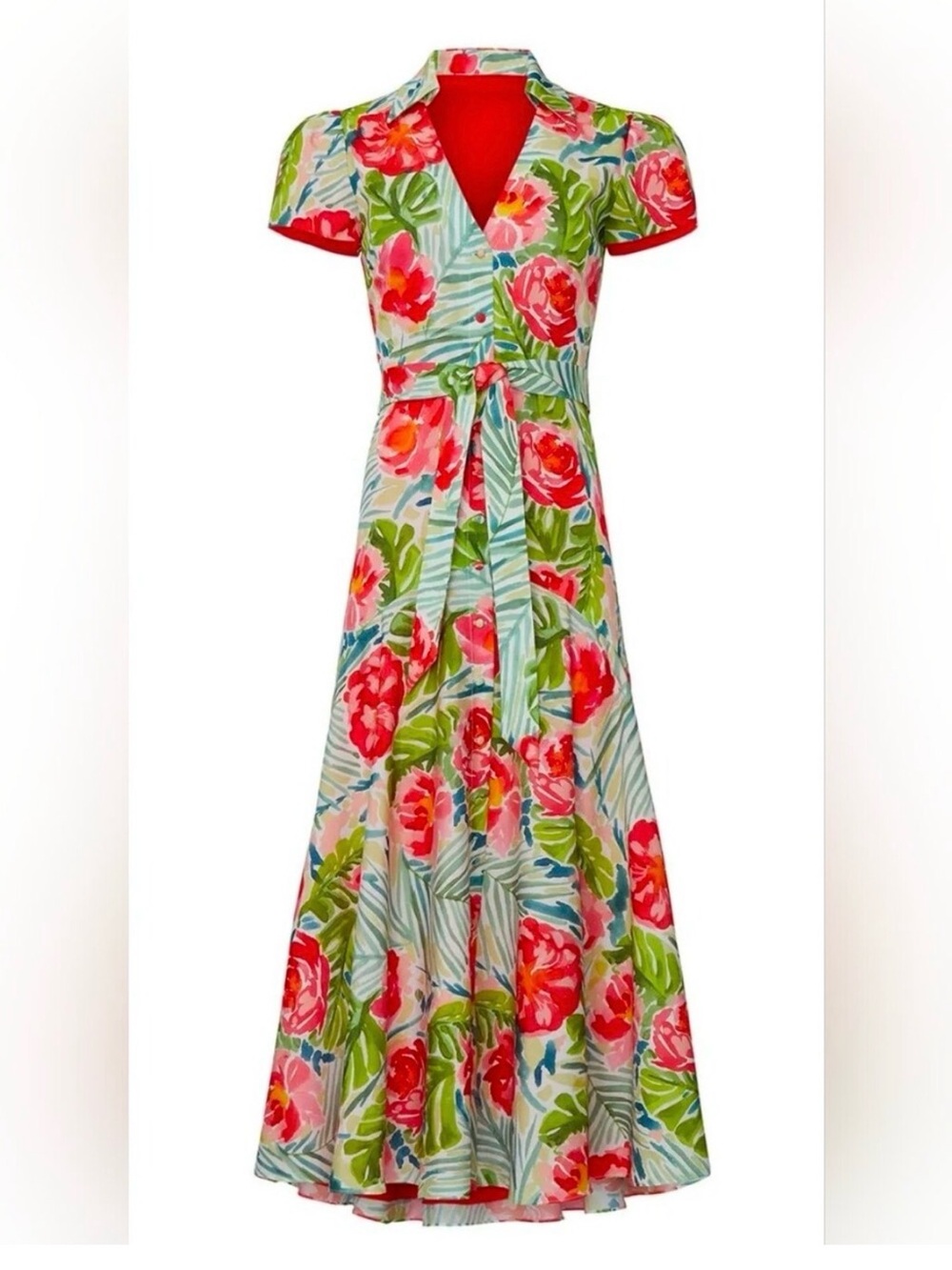 Badgley Mischka Floral Midi Dress in Red, Green, Cream